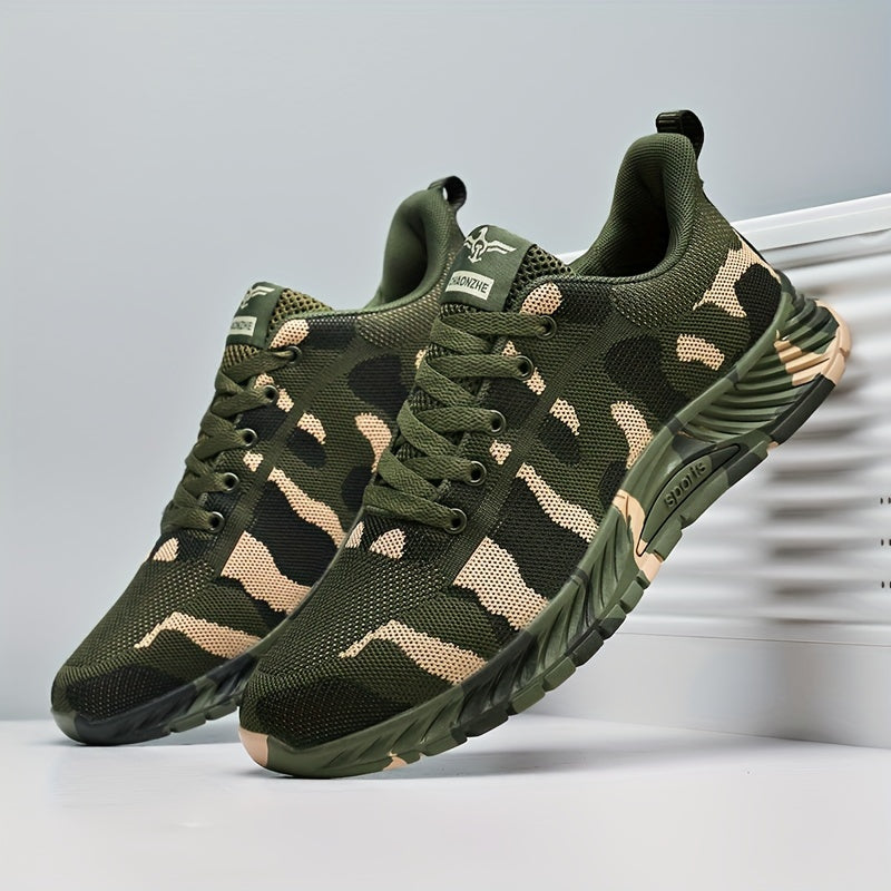 Men's Trendy Woven Knit Camouflage Sneakers, Comfy Non Slip Lace Up Breathable Shoes