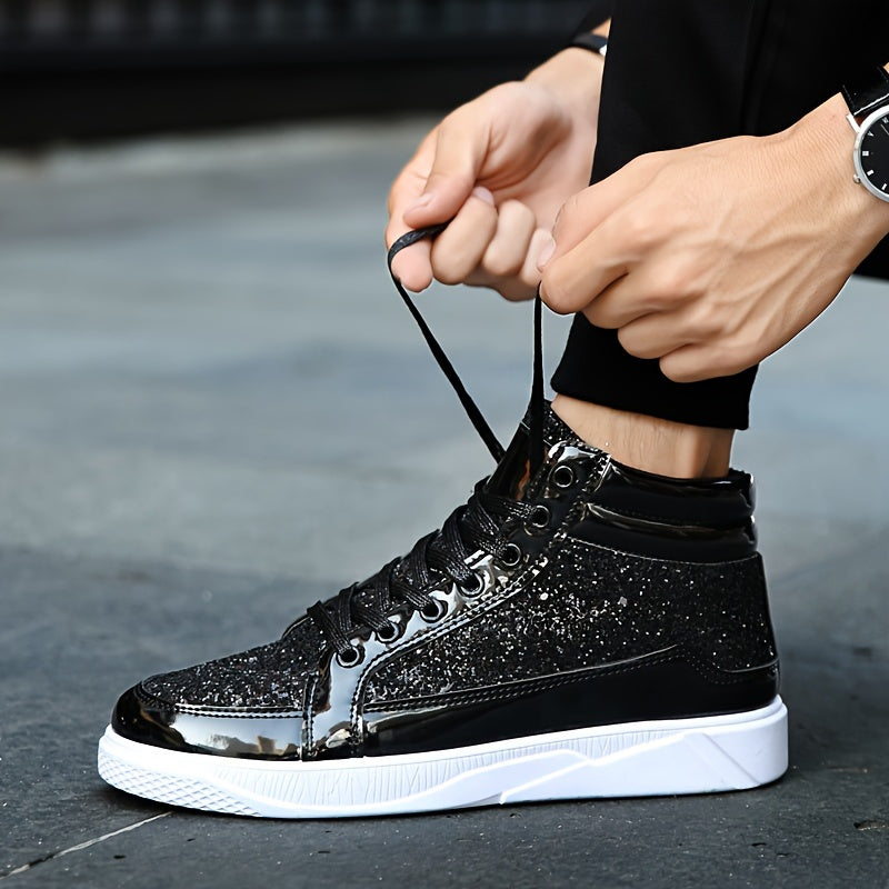 Men's Faux Patent Leather High Top Skate Shoes, Comfy Non Slip Street Style Sneakers For Men's Outdoor Activities