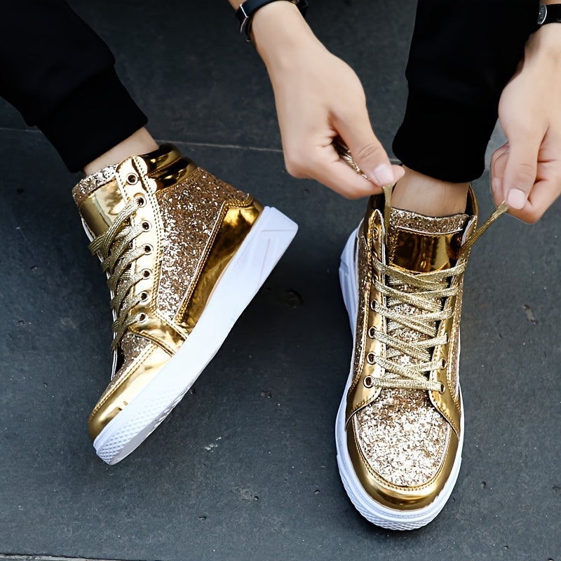 Men's Faux Patent Leather High Top Skate Shoes, Comfy Non Slip Street Style Sneakers For Men's Outdoor Activities