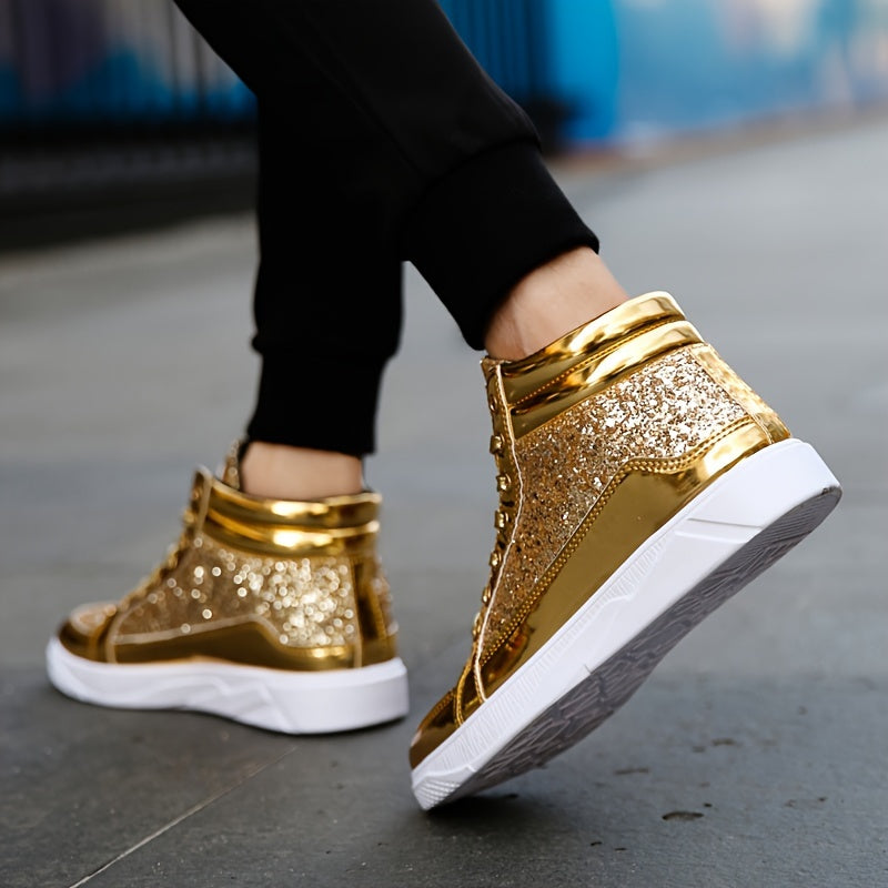Men's Faux Patent Leather High Top Skate Shoes, Comfy Non Slip Street Style Sneakers For Men's Outdoor Activities