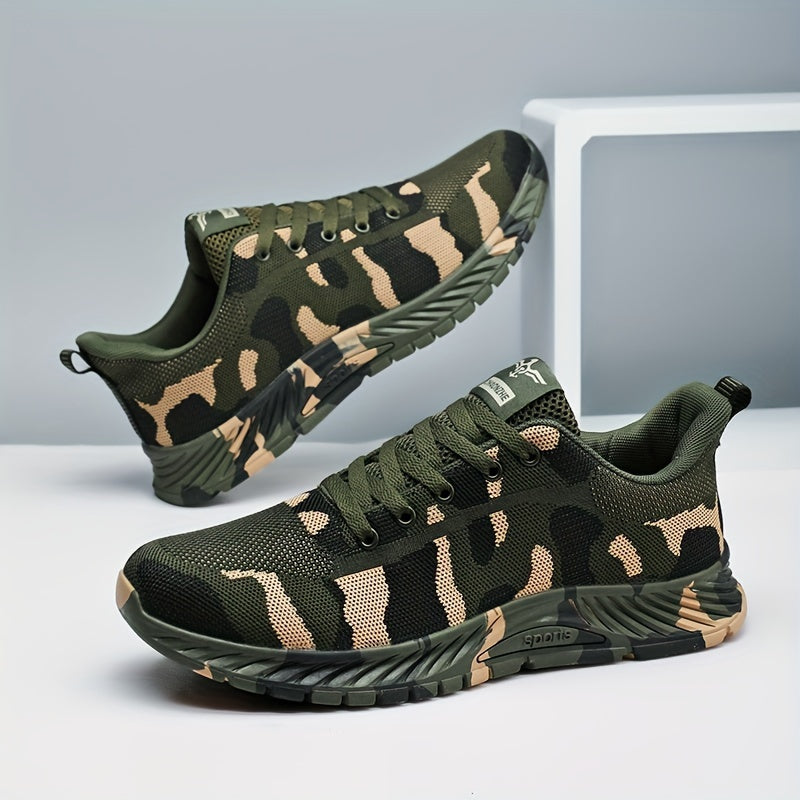 Men's Trendy Woven Knit Camouflage Sneakers, Comfy Non Slip Lace Up Breathable Shoes