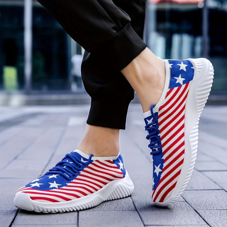 Men's Slip-on Sneakers With Shoelaces - Stars And Stripes Athletic Shoes - Lightweight And Breathable