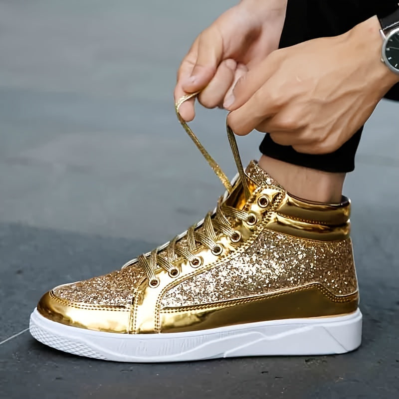 Men's Faux Patent Leather High Top Skate Shoes, Comfy Non Slip Street Style Sneakers For Men's Outdoor Activities