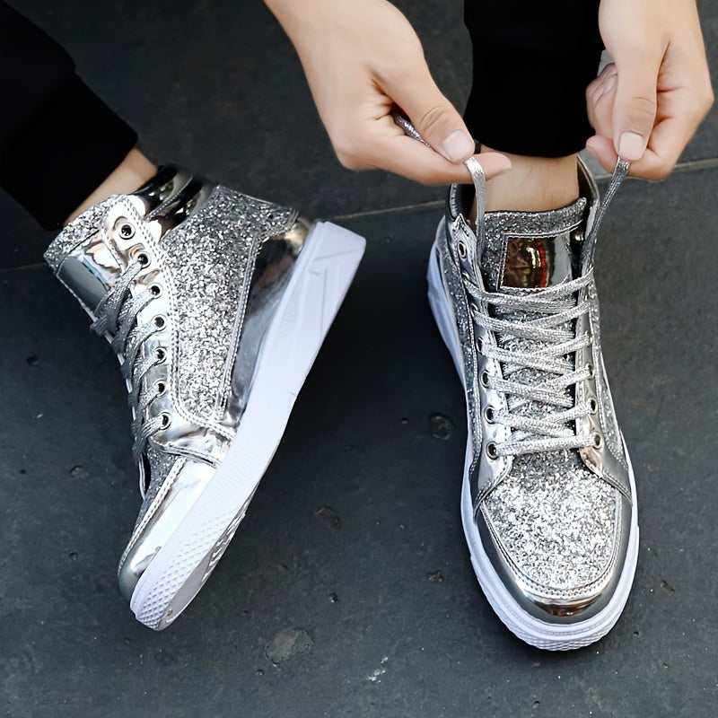 Men's Faux Patent Leather High Top Skate Shoes, Comfy Non Slip Street Style Sneakers For Men's Outdoor Activities