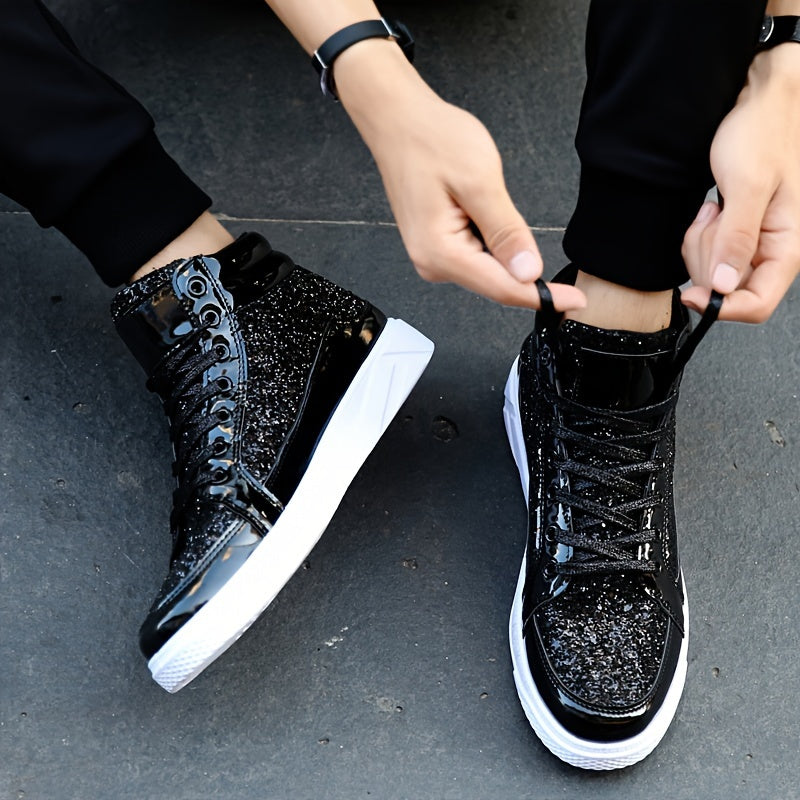 Men's Faux Patent Leather High Top Skate Shoes, Comfy Non Slip Street Style Sneakers For Men's Outdoor Activities