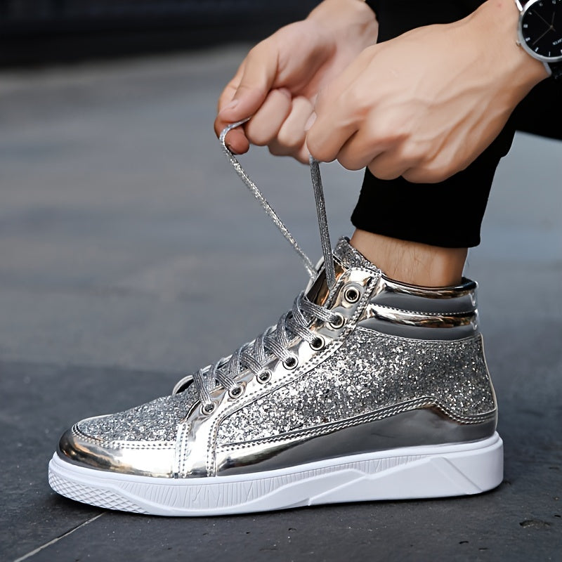Men's Faux Patent Leather High Top Skate Shoes, Comfy Non Slip Street Style Sneakers For Men's Outdoor Activities