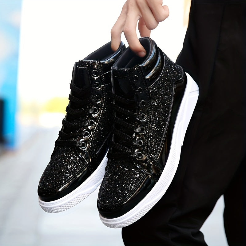 Men's Faux Patent Leather High Top Skate Shoes, Comfy Non Slip Street Style Sneakers For Men's Outdoor Activities