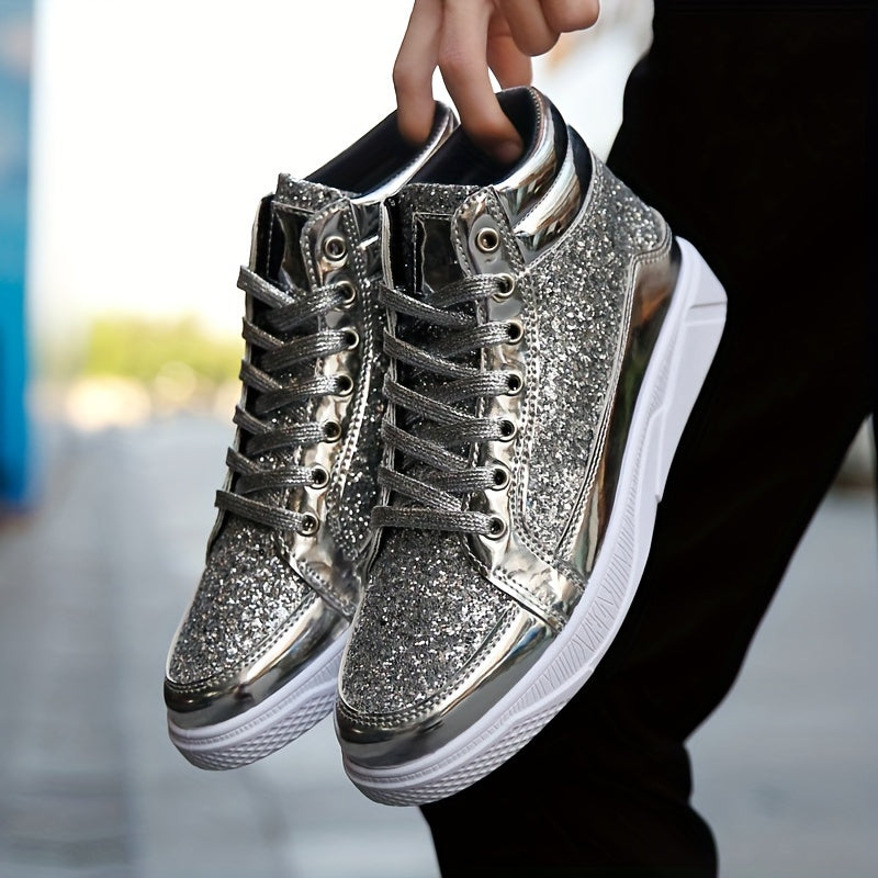 Men's Faux Patent Leather High Top Skate Shoes, Comfy Non Slip Street Style Sneakers For Men's Outdoor Activities