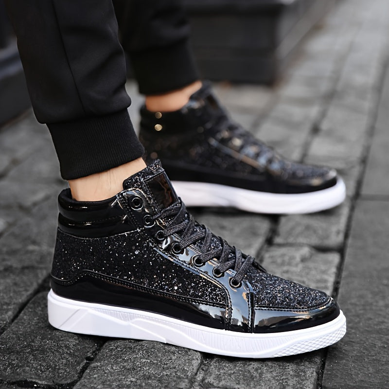 Men's Faux Patent Leather High Top Skate Shoes, Comfy Non Slip Street Style Sneakers For Men's Outdoor Activities